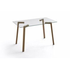 Mesa de cristal NERJA, estructura 4 patas de madera de roble, medida 120x70 cm