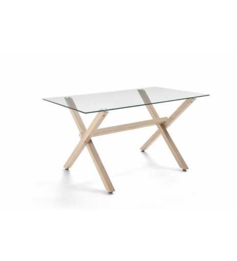 Mesa de cristal ROCIO, estructura en x de madera, medida 140x80 cm Mesa de cristal ROCIO, estructura en x de madera, medida 140x80 cm