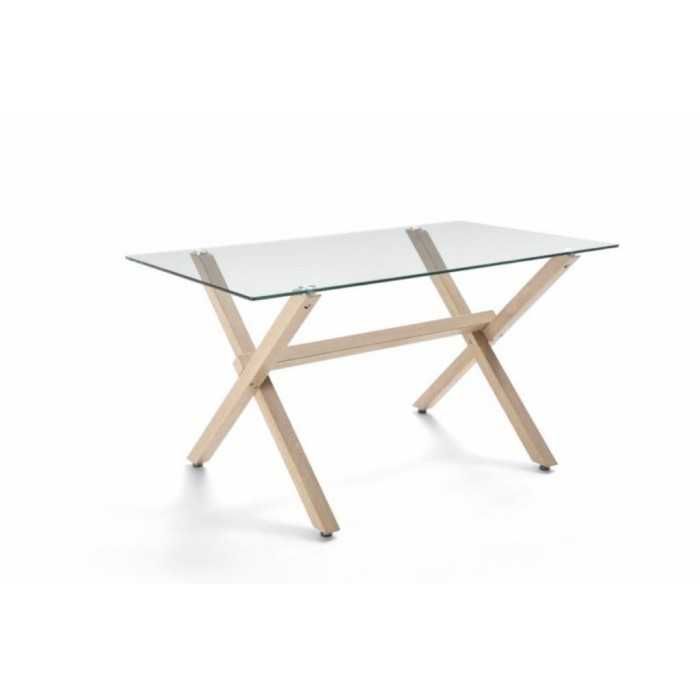 Mesa de cristal ROCIO, estructura en x de madera, medida 140x80 cm