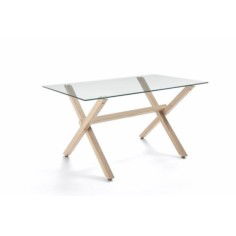 Mesa de cristal ROCIO, estructura en x de madera, medida 140x80 cm