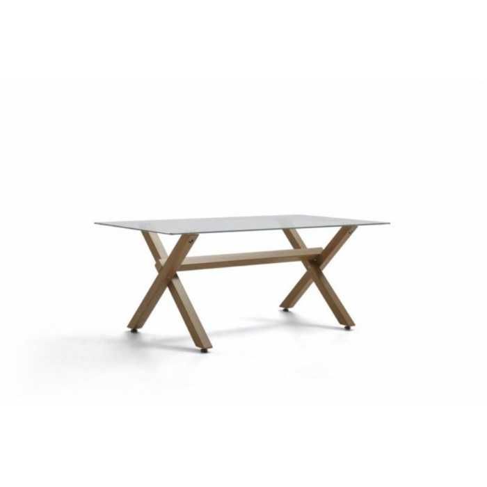 Mesa sala de espera de cristal BRUNO, patas de madera en x, medida 110x60 cm Mesa sala de espera de cristal BRUNO, patas de madera en x, medida 110x60 cm