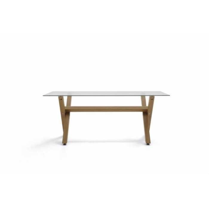 Mesa sala de espera de cristal BRUNO, patas de madera en x, medida 110x60 cm