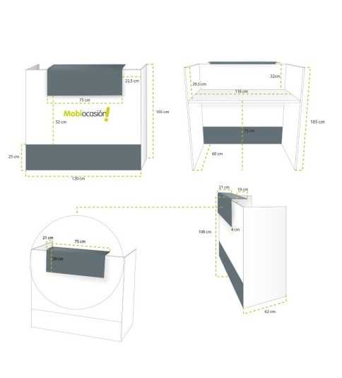 Mostrador de recepción MOBI blanco, medida 120x62x105 cm, sobremostrador y zócalo grafito Mostrador de recepción MOBI blanco, medida 120x62x105 cm, sobremostrador y zócalo grafito