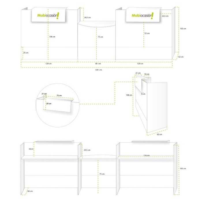 Mostrador recepción MOBI 320 cm, color blanco,  sobremostradores metálicos Mostrador recepción MOBI 320 cm, color blanco,  sobremostradores metálicos