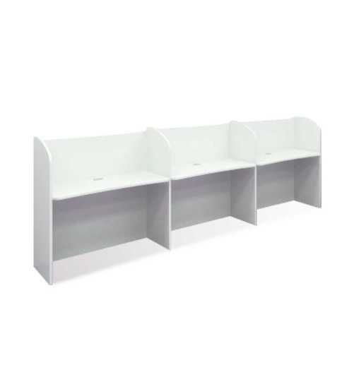 Call center lineal con 3 puestos de trabajo en madera con pasacables Call center lineal con 3 puestos de trabajo en madera con pasacables