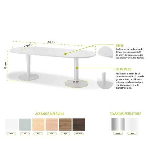 Mesa de reunión 8 personas modelo Zafiro forma ovalada y 2 pies metálicos Mesa de reunión 8 personas modelo Zafiro forma ovalada y 2 pies metálicos