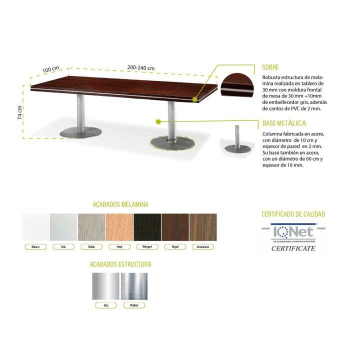 Mesa reunión rectangular COLINA con bases cilíndricas de Euromof
