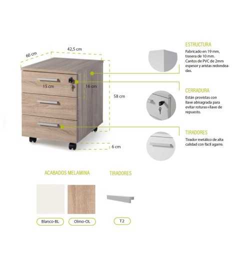 Cajonera de oficina SERIE COLOR, 3 cajones con cerradura, con ruedas, color olmo Cajonera de oficina SERIE COLOR, 3 cajones con cerradura, con ruedas, color olmo
