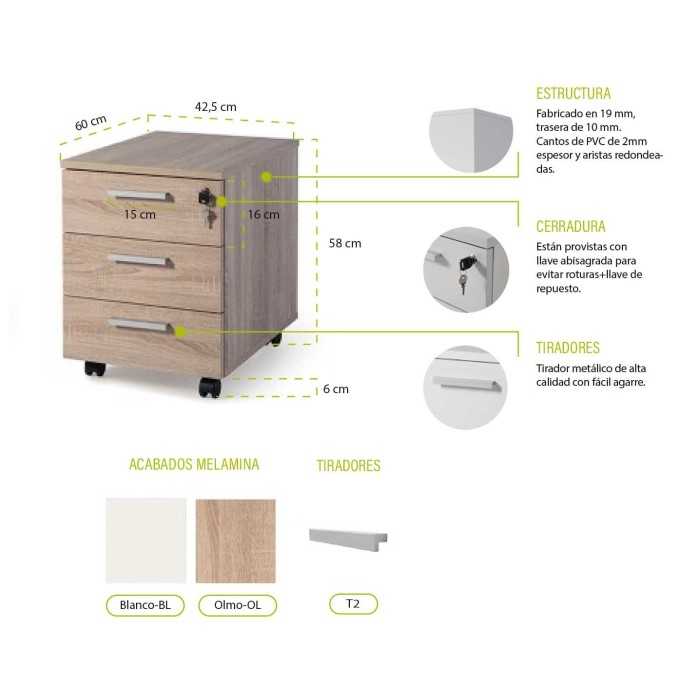 Cajonera de oficina SERIE COLOR, 3 cajones con cerradura, con ruedas, color olmo