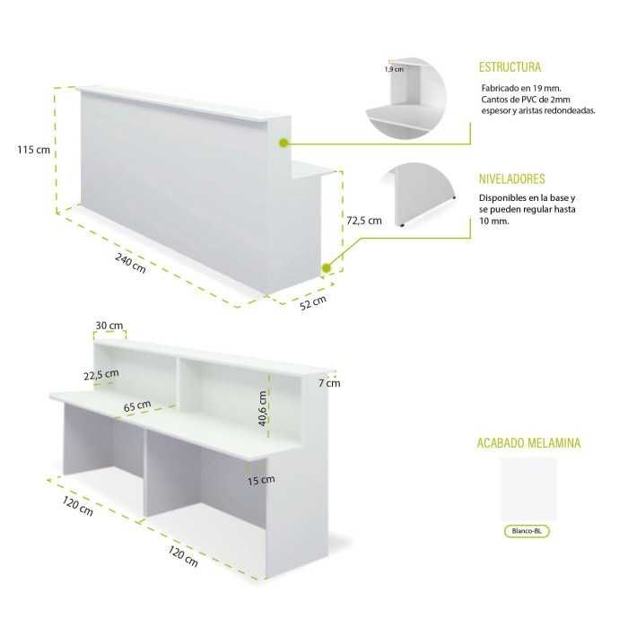 Mostrador de recepción recto BASIC, color blanco, ancho total 240 cm