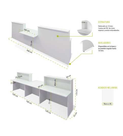 Conjunto mostrador recepción BASIC recto blanco de 340 CM, módulo minusválidos Conjunto mostrador recepción BASIC recto blanco de 340 CM, módulo minusválidos