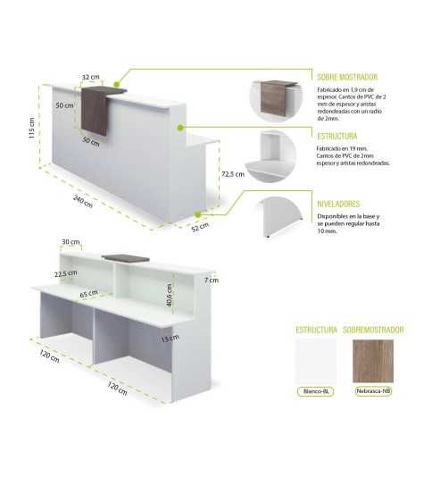 Mostrador de recepción BASIC 240 cm, color blanco, con sobremostrador nebraska Mostrador de recepción BASIC 240 cm, color blanco, con sobremostrador nebraska