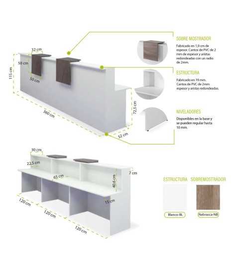 Mostrador de recepción BASIC, recto blanco con sobremostradores, ancho 360 cm Mostrador de recepción BASIC, recto blanco con sobremostradores, ancho 360 cm