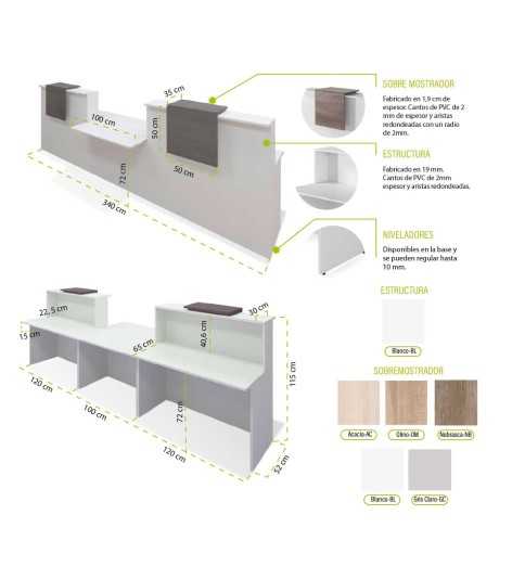 Mostrador recepción BASIC 340 cm blanco con sobremostrador color configurable Mostrador recepción BASIC 340 cm blanco con sobremostrador color configurable