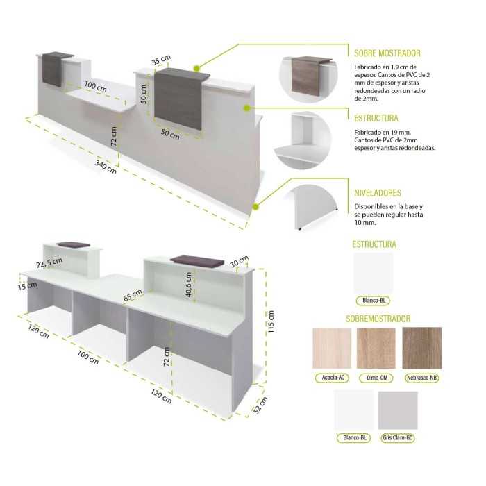 Mostrador recepción BASIC 340 cm blanco con sobremostrador color configurable Mostrador recepción BASIC 340 cm blanco con sobremostrador color configurable