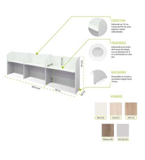 Call center lineal con 3 puestos de trabajo en madera con pasacables Call center lineal con 3 puestos de trabajo en madera con pasacables