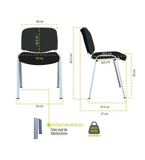 Silla confidente ISO, sin brazos, tapizado tela o polipiel,  patas negras