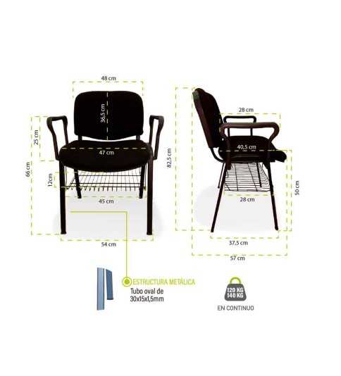 Silla ISO tapizada con brazos y rejilla portalibros Silla ISO tapizada con brazos y rejilla portalibros