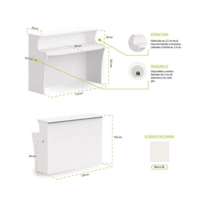 Mostrador de Recepción ROCK BÁSICO 120 cm, color blanco, con pasacables