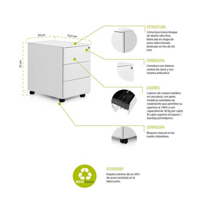 Cajonera metálica ATENAS de Euromof blanca de 3 cajones Cajonera metálica ATENAS de Euromof blanca de 3 cajones