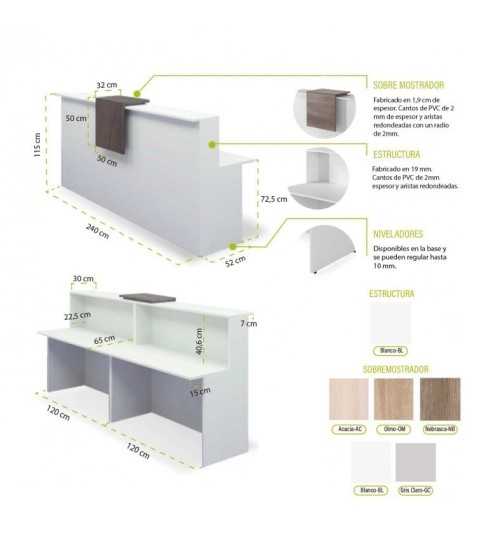 Mostrador de recepción BASIC 240 cm, color blanco, con sobremostrador nebraska