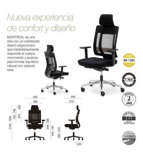 Silla de oficina MONTREAL, respaldo en malla con cabecero, brazos regulables 3D