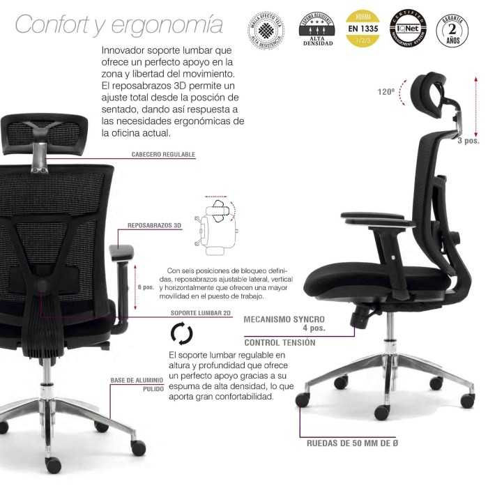 Silla ergonomica de oficina Modelo Ankara de Euromof, con cabecero regulable, soporte lumbar, color negro