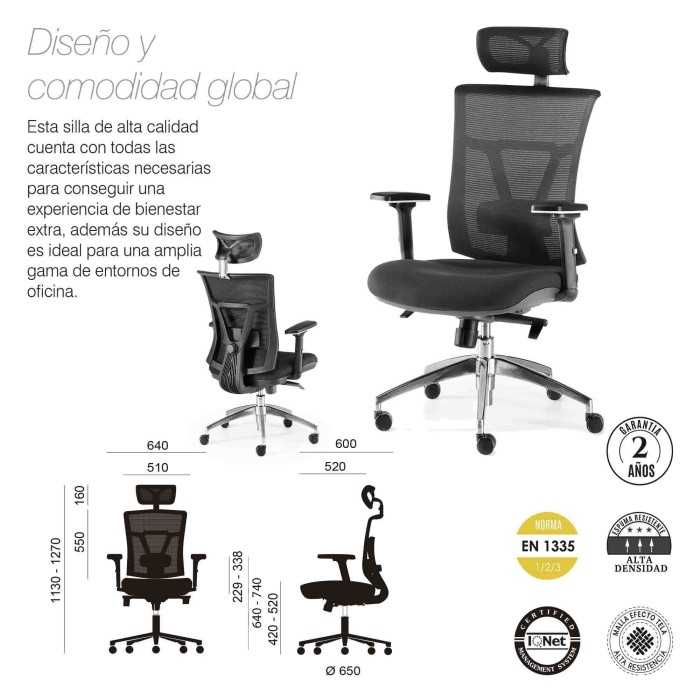 Silla ergonomica de oficina Modelo Ankara de Euromof, con cabecero regulable, soporte lumbar, color negro