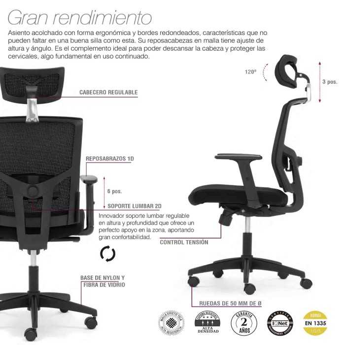 Silla de oficina VIENA, grueso asiento, mecanismo syncro, brazos regulables 1D