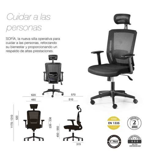 Silla de oficina ergonómica SOFIA de Euromof, cabecero y brazos regulables Silla de oficina ergonómica SOFIA de Euromof, cabecero y brazos regulables