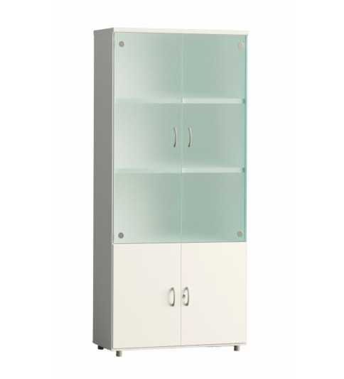 Armario de oficina alto serie MOB, puertas abatibles altas de cristal y bajas de madera Armario de oficina alto serie MOB, puertas abatibles altas de cristal y bajas de madera