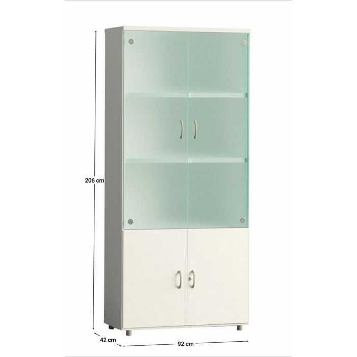 Armario de oficina alto serie MOB, puertas abatibles altas de cristal y bajas de madera