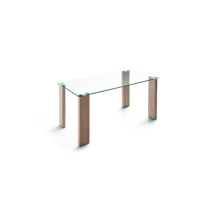 Mesa sala de espera de cristal MARINA, 4 patas rectangulares de madera, medida 110x60 cm