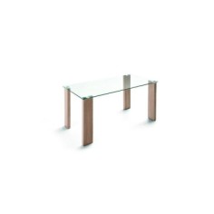 Mesa sala de espera de cristal MARINA, 4 patas rectangulares de madera, medida 110x60 cm