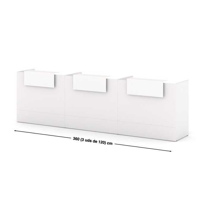 Mostrador recepción MOBI 360 cm, blanco, sobremostradores y zócalo blanco