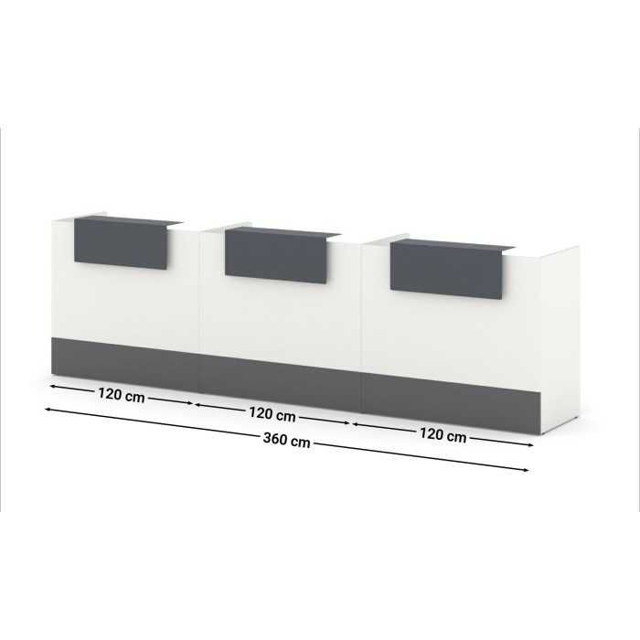 Mostrador recepción MOBI 360 cm, blanco, sobremostradores y zócalo grafito Mostrador recepción MOBI 360 cm, blanco, sobremostradores y zócalo grafito