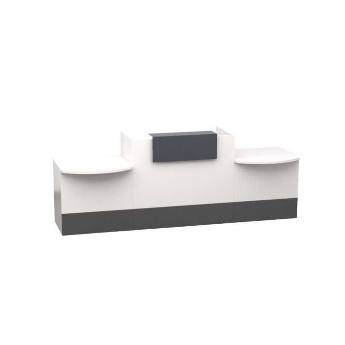 Mostrador recepción MOBI 280 cm, blanco, sobremostrador y zócalo grafito