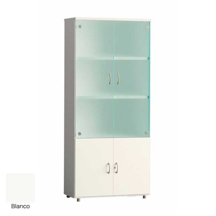 Armario de oficina alto serie MOB, puertas abatibles altas de cristal y bajas de madera