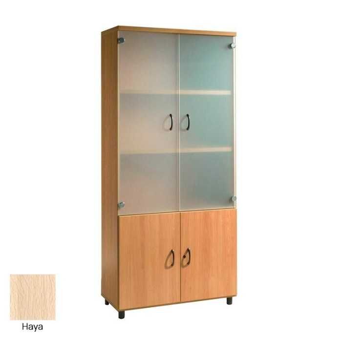 Armario de oficina alto serie MOB, puertas abatibles altas de cristal y bajas de madera