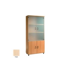 Armario de oficina alto serie MOB, puertas abatibles altas de cristal y bajas de madera