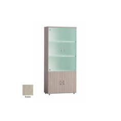 Armario de oficina alto serie MOB, puertas abatibles altas de cristal y bajas de madera