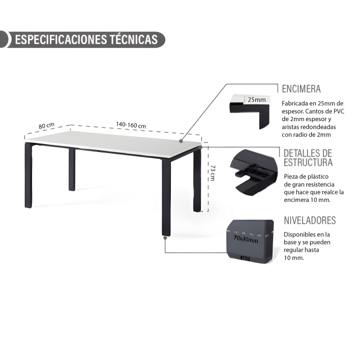 Mesa de oficina PORTICO, fondo 80 cm, tablero blanco/olmo, estructura metálica