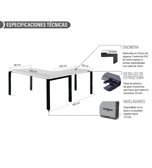 Mesa oficina PORTICO con ala, medida 16 cm, color blanco/olmo, estructura perimetral metálica