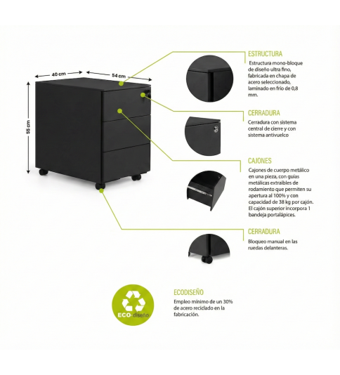 Cajonera metálica ATENAS de Euromof negra de 3 cajones