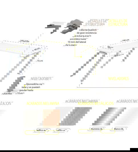Mesa de oficina ATRIO con ala, patas metálicas abiertas, tablero en blanco u olmo, fondo 80 cm