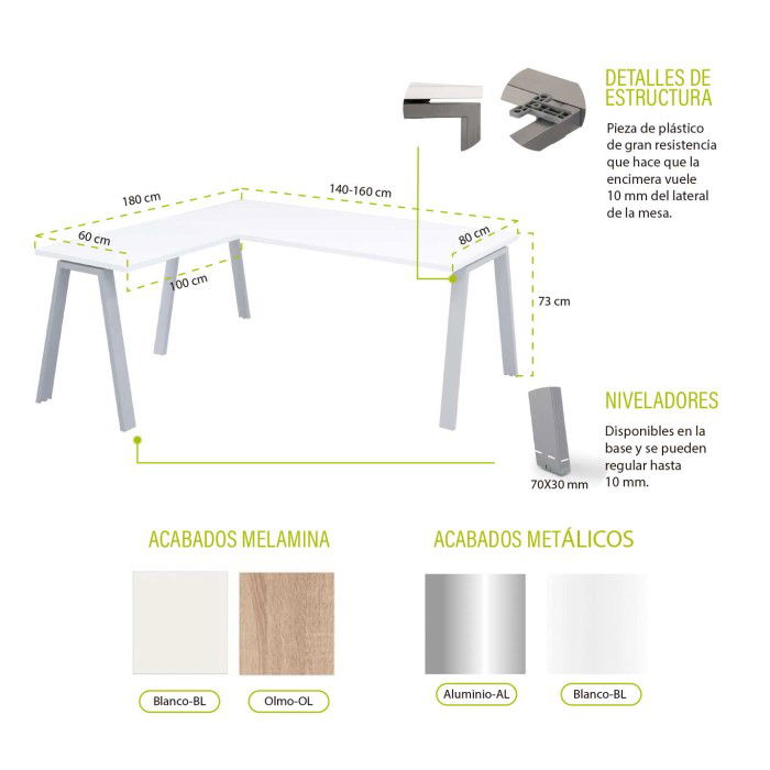 Mesa de oficina ATRIO con ala, patas metálicas abiertas, tablero en blanco u olmo, fondo 80 cm