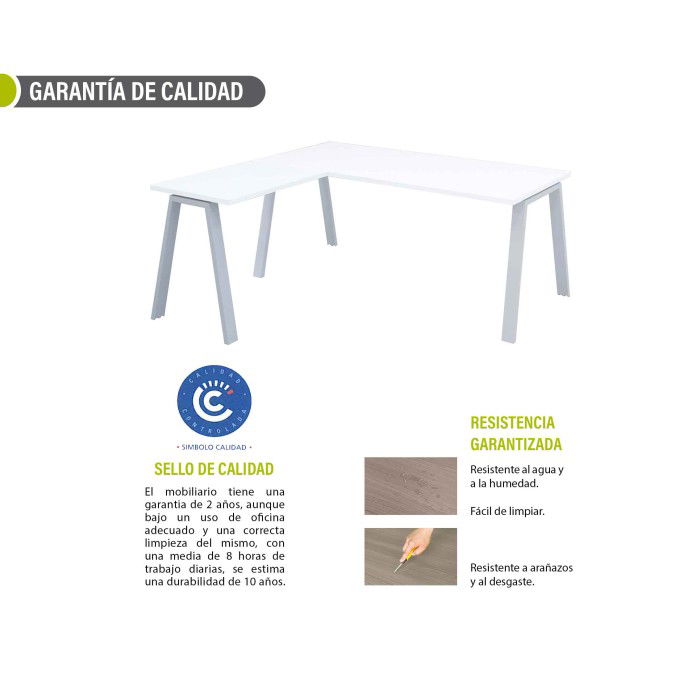 Mesa de oficina ATRIO con ala, patas metálicas abiertas, tablero en blanco u olmo, fondo 80 cm