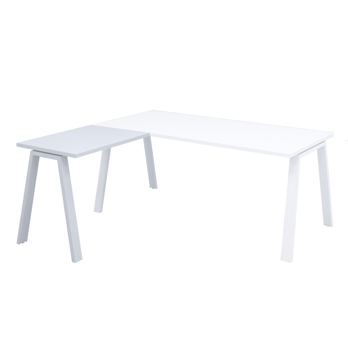 Mesa de oficina ATRIO con ala, patas metálicas abiertas, tablero en blanco u olmo, fondo 80 cm